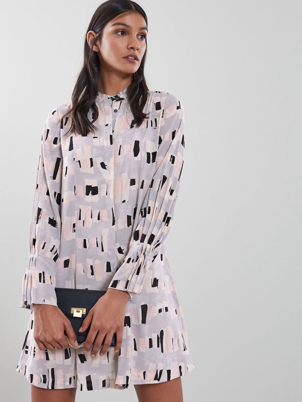REISS Oretta Geo Printed Shirt Dress Size 4 Grey Tunic relaxed quiet luxury EUC